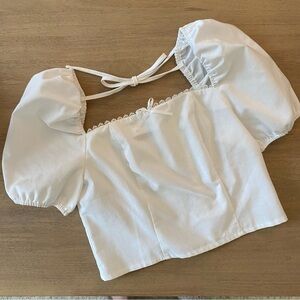 White Linen Square Neck Puff Sleeve Milkmaid Top | S